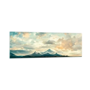 Glasbild - Bild auf glas - Eine malerische Landschaft mit einem Berg und einem ruhigen See - 160x50cm - Unter dem Schutz des Himmels - Moderne Wanddekoration für Wohnzimmer und Schlafzimmer ARTTOR