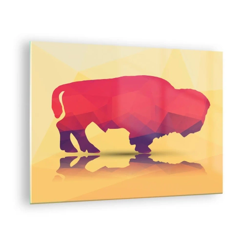 Glasbild - Bild auf glas - Geometrischer Bison in warmen Farben - 70x50cm - Die Amaranth-Stärke des Bisons - Moderne Wanddekoration für Wohnzimmer und Schlafzimmer ARTTOR