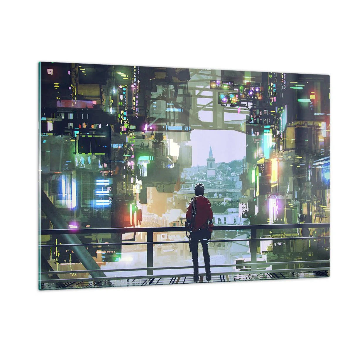 Glasbild - Bild auf glas - Eine Figur vor dem Hintergrund einer futuristischen Stadt mit Blick auf die Altstadt - 120x80cm - Zwei Welten - Moderne Wanddekoration für Wohnzimmer und Schlafzimmer ARTTOR