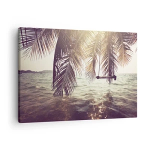 Bild auf Leinwand - Leinwandbild - Palme mit Schaukel über dem Wasser im Sonnenlicht - 70x50cm - Sie können nach Belieben in den Wolken schwingen - Moderne Wanddekoration für Wohnzimmer und Schlafzimmer ARTTOR