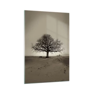 Glasbild - Bild auf glas - Ein einsamer Baum in einem Sepia-Feld - 70x100cm - Von hier zu Ewigkeit - Moderne Wanddekoration für Wohnzimmer und Schlafzimmer ARTTOR