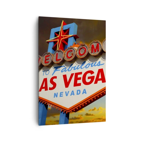 Bild auf Leinwand - Leinwandbild - Das berühmte Schild „Welcome to Fabulous Las Vegas“ bei Sonnenuntergang - 70x100cm - Für ein Lächeln des Schicksals - Moderne Wanddekoration für Wohnzimmer und Schlafzimmer ARTTOR