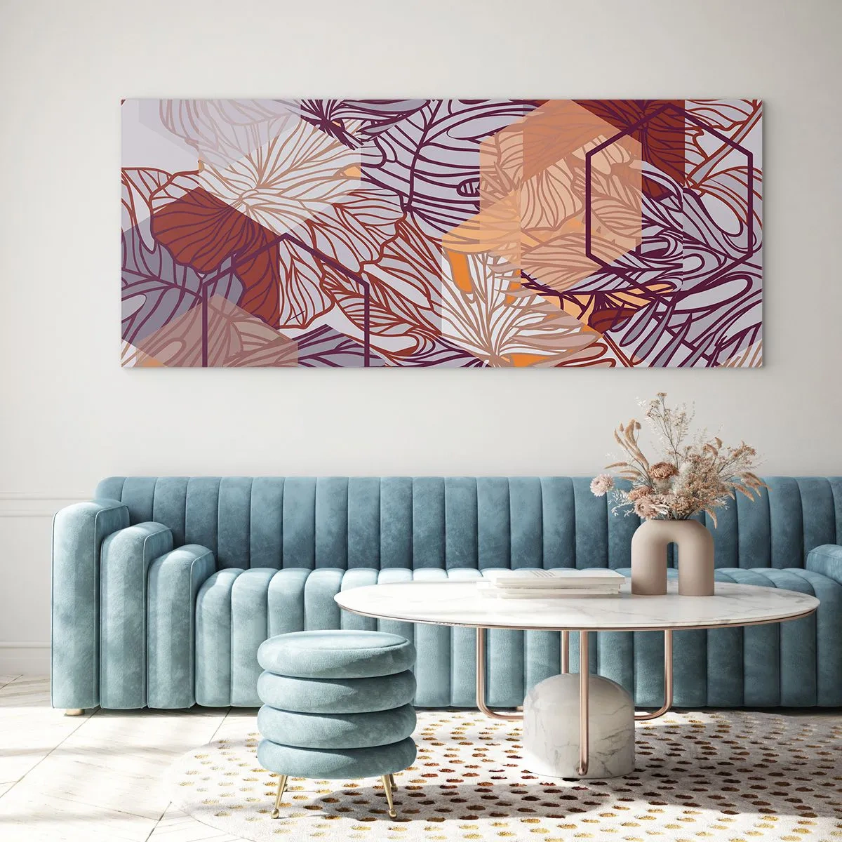 Glasbild - Bild auf glas - Ein dekoratives tropisches Blattmuster in Lila-, Orange- und Beigetönen. - 120x50cm - Unmögliche Beziehung zwischen Geometrie und Natur - Moderne Wanddekoration für Wohnzimmer und Schlafzimmer ARTTOR