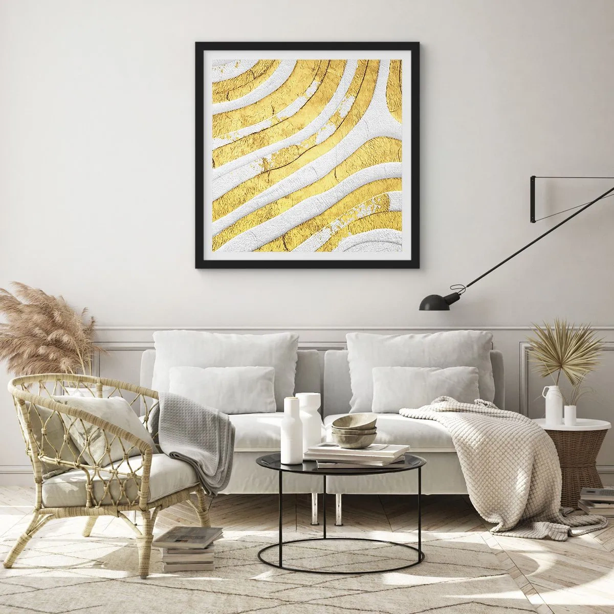 Poster in einem schwarzem Rahmen - Komposition in Weiß und Gold - 40x40 cm