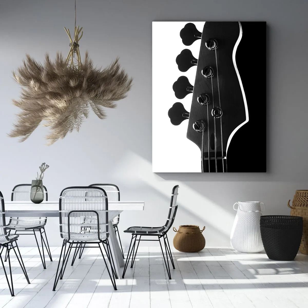 Bild auf Leinwand - Leinwandbild - Schwarz-weiße Silhouette einer Bassgitarren-Kopfplatte - 80x120cm - Rockige Stille - Moderne Wanddekoration für Wohnzimmer und Schlafzimmer ARTTOR
