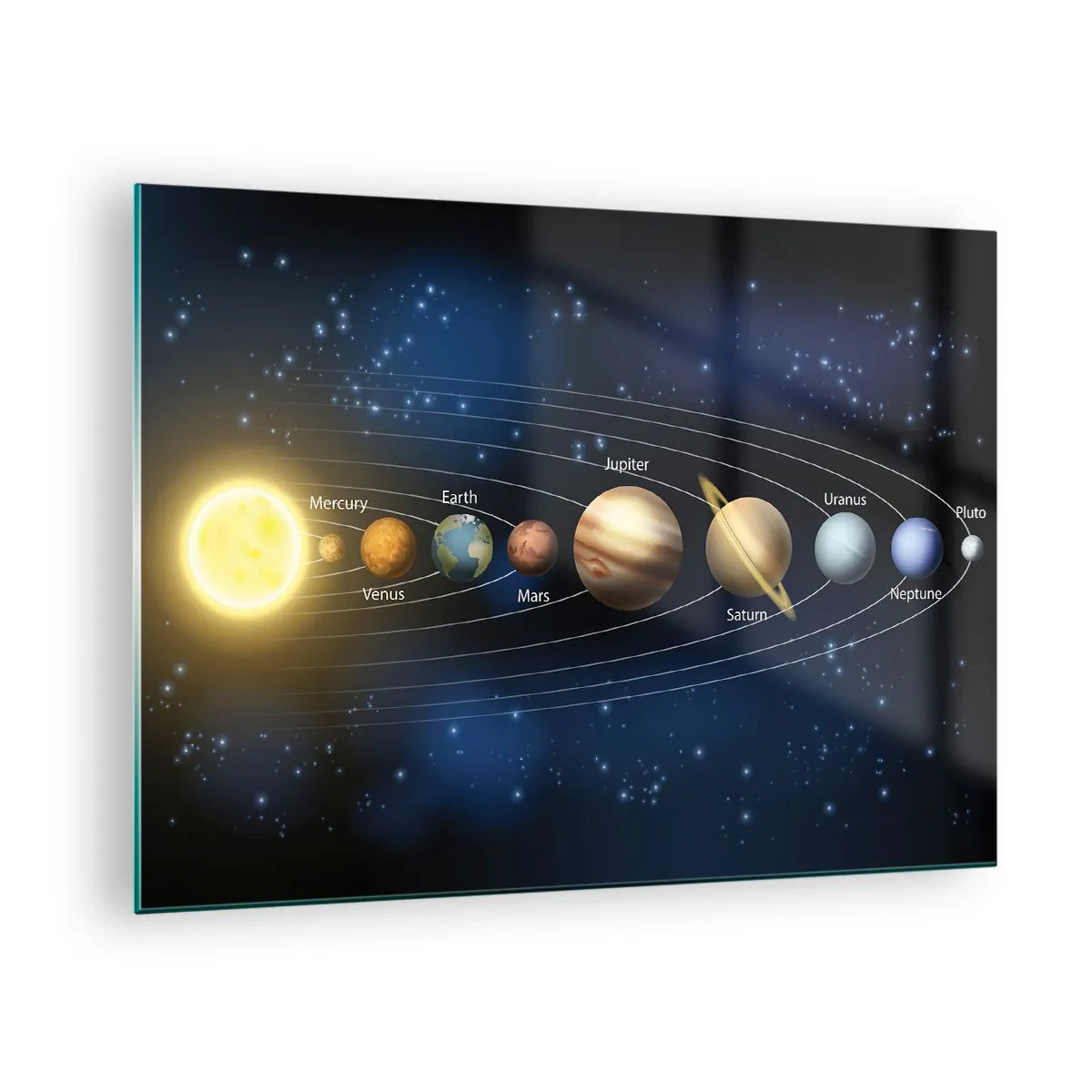 Glasbild - Bild auf glas - Das Sonnensystem mit Planeten und Sternen im Hintergrund - 70x50cm - Einer von zehn - Moderne Wanddekoration für Wohnzimmer und Schlafzimmer ARTTOR