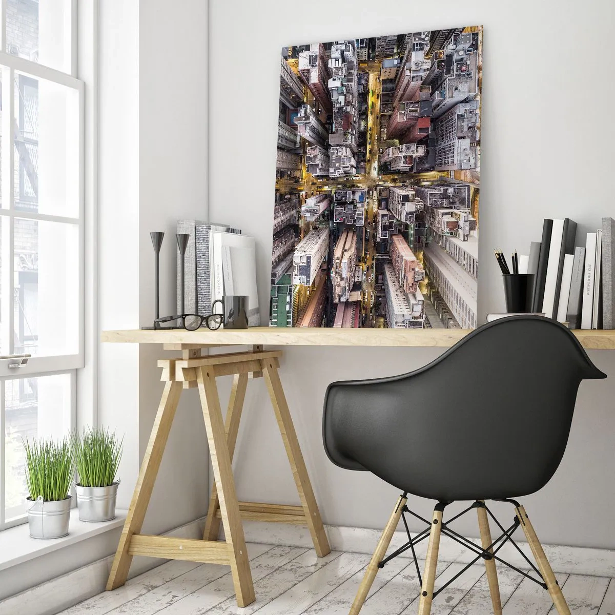 Glasbild - Bild auf glas - Eine Stadt voller Wolkenkratzer aus der Vogelperspektive - 70x100cm - Grüße aus Hongkong - Moderne Wanddekoration für Wohnzimmer und Schlafzimmer ARTTOR