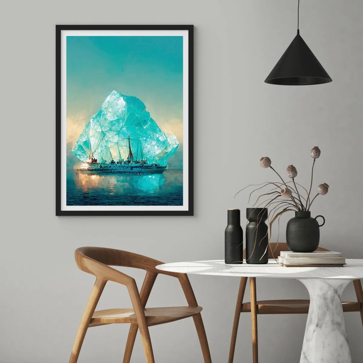 Poster in einem schwarzem Rahmen - Ein Schiff in der Nähe eines riesigen Eisbergs - 50x70cm - Arktischer Diamant - Moderne Wanddekoration für Wohnzimmer und Schlafzimmer ARTTOR