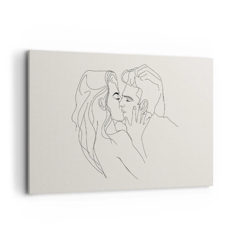 Bild auf Leinwand - Leinwandbild - Eine minimalistische Illustration eines Paares in einer liebevollen Umarmung - 120x80cm - Verstrickt im Gefühl - Moderne Wanddekoration für Wohnzimmer und Schlafzimmer ARTTOR