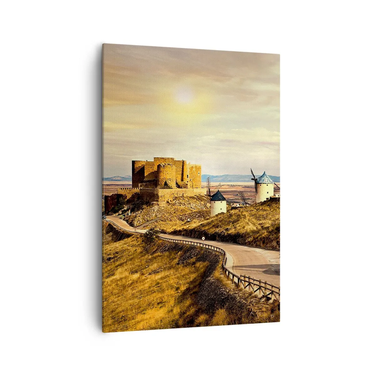 Bild auf Leinwand - Leinwandbild - Windmühlen auf den Hügeln mit einer historischen Burg im Hintergrund - 70x100cm - Don Quijote kommt gleich - Moderne Wanddekoration für Wohnzimmer und Schlafzimmer ARTTOR
