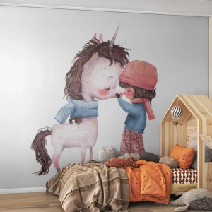 Fototapete Premium Sand - Ein Mädchen und ein Einhorn in warmer Kleidung in einer Märchenillustration - 100x70cm - Ein Wintermärchen - Moderne Wanddekoration für Wohnzimmer und Schlafzimmer ARTTOR