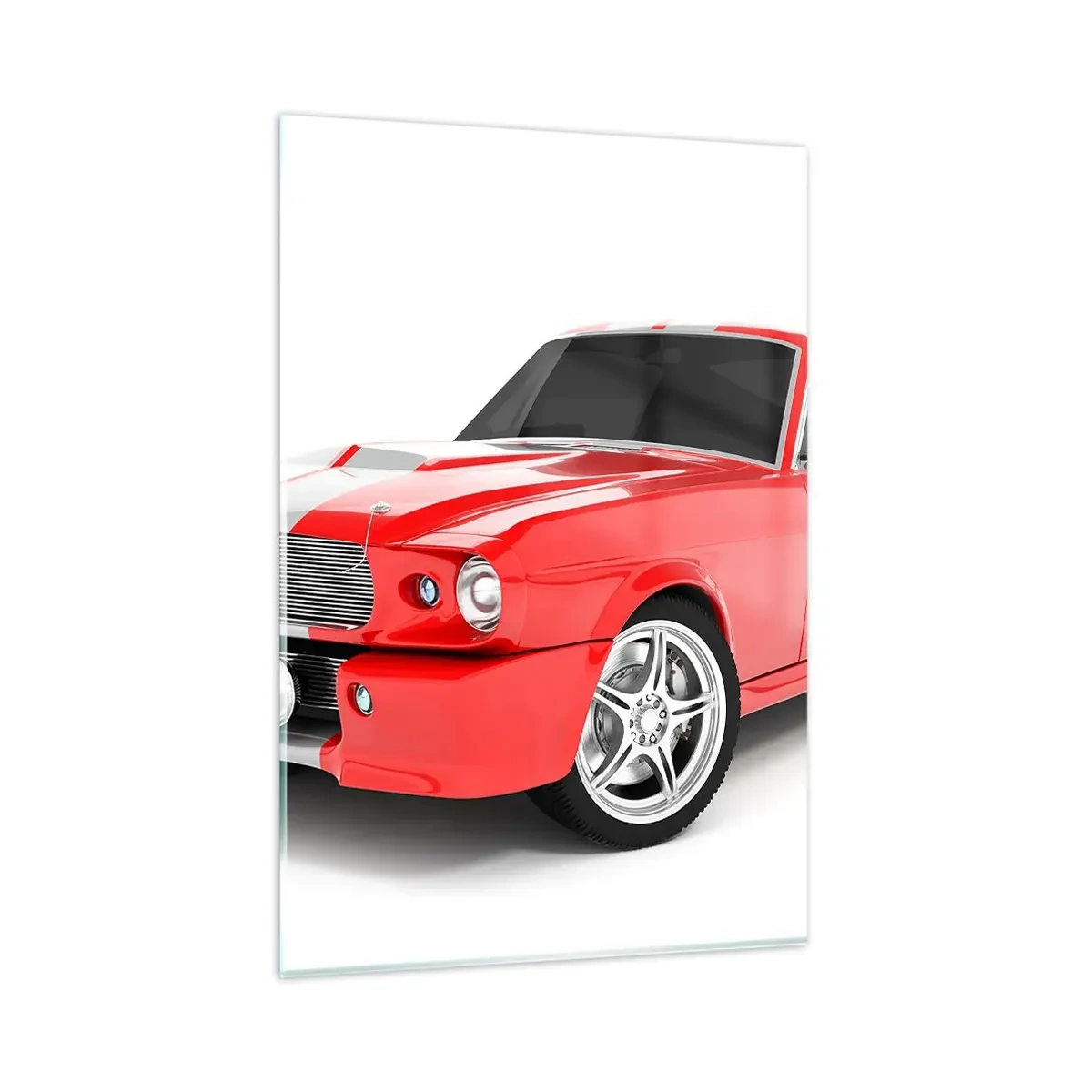 Glasbild - Bild auf glas - Roter Sportwagen mit weißen Streifen - 80x120cm - Ein Mustang so schnell wie der Wind - Moderne Wanddekoration für Wohnzimmer und Schlafzimmer ARTTOR