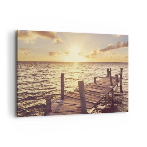 Bild auf Leinwand - Leinwandbild - Ein Holzsteg führt in Richtung Sonnenuntergang - 100x70cm - Das goldene Land der Sanftmut - Moderne Wanddekoration für Wohnzimmer und Schlafzimmer ARTTOR