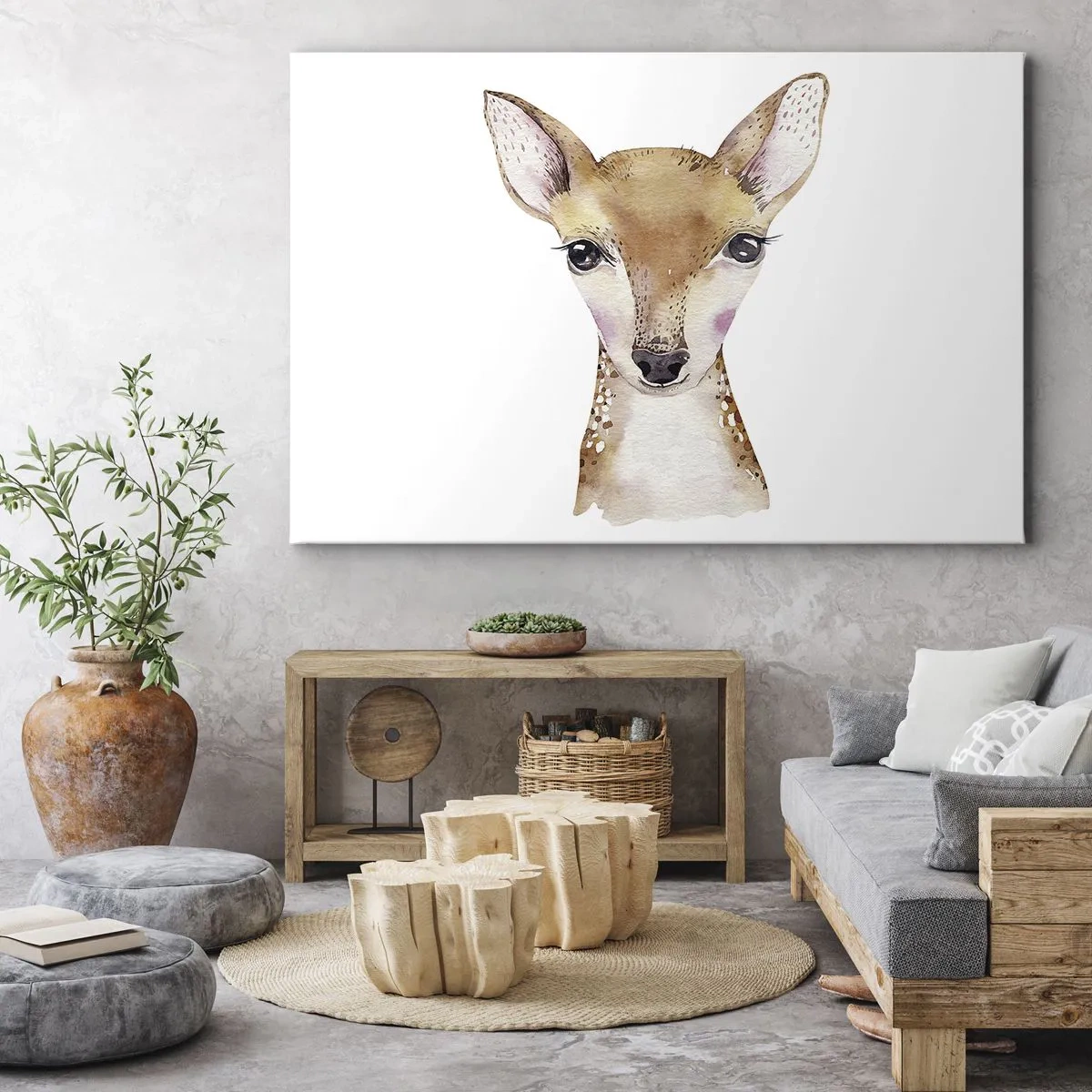 Bild auf Leinwand - Leinwandbild - Aquarellporträt eines jungen Rehs auf weißem Hintergrund - 120x80cm - Die Natur der Unschuld - Moderne Wanddekoration für Wohnzimmer und Schlafzimmer ARTTOR