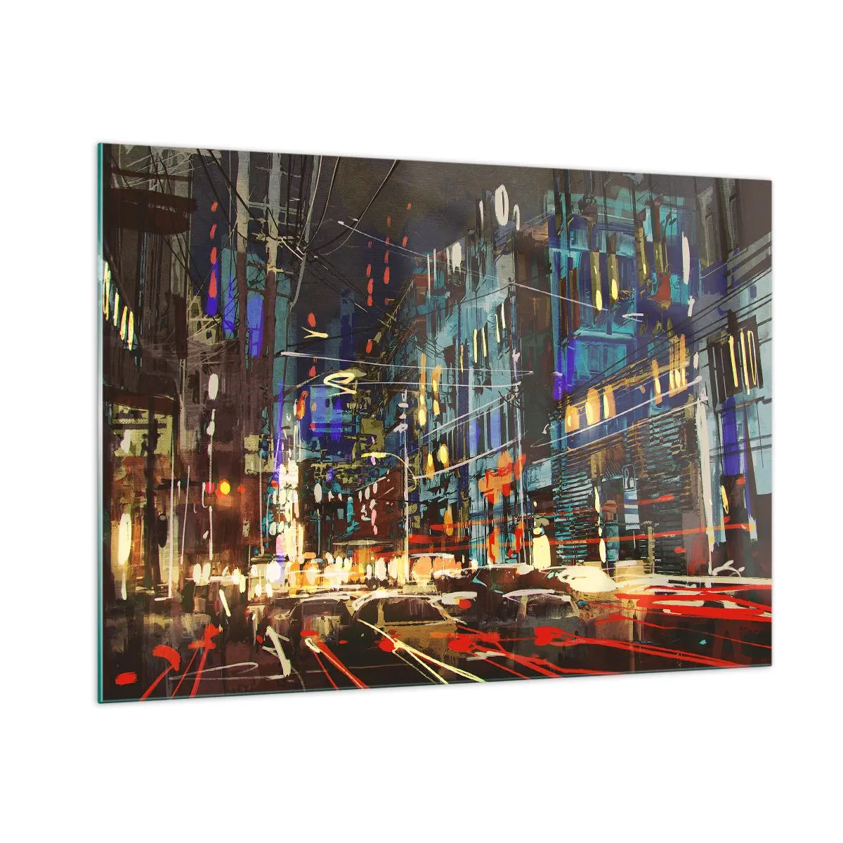 Glasbild - Bild auf glas - Abendliche Stadtstraße mit Neonlichtern und Verkehr - 100x70cm - Abendlicher Straßentrubel - Moderne Wanddekoration für Wohnzimmer und Schlafzimmer ARTTOR