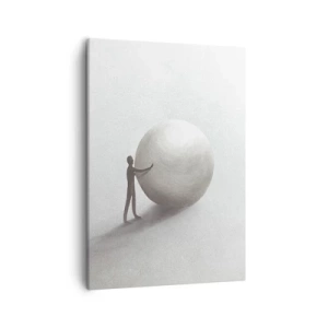 Bild auf Leinwand - Leinwandbild - Eine minimalistische Figur mit einem Ball auf einem hellen, monochromen Hintergrund. - 50x70cm - Das Spiel des Lebens - Moderne Wanddekoration für Wohnzimmer und Schlafzimmer ARTTOR