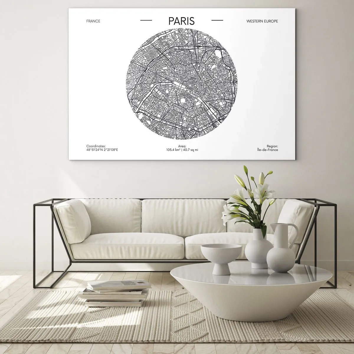 Glasbild - Bild auf glas - Eine kreisförmige Karte von Paris in Schwarz-Weiß-Illustration - 70x50cm - Anatomie von Paris - Moderne Wanddekoration für Wohnzimmer und Schlafzimmer ARTTOR