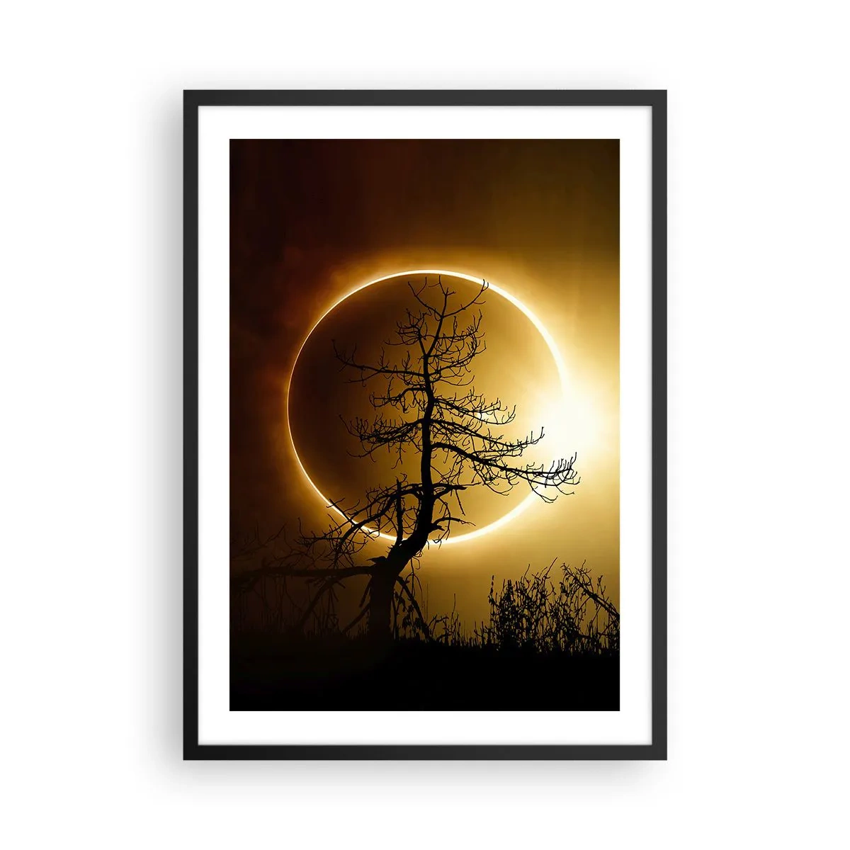 Poster in einem schwarzem Rahmen - Ein phänomenaler Sonnenuntergang mit einem Baum im Vordergrund - 50x70cm - Totale Finsternis - Moderne Wanddekoration für Wohnzimmer und Schlafzimmer ARTTOR