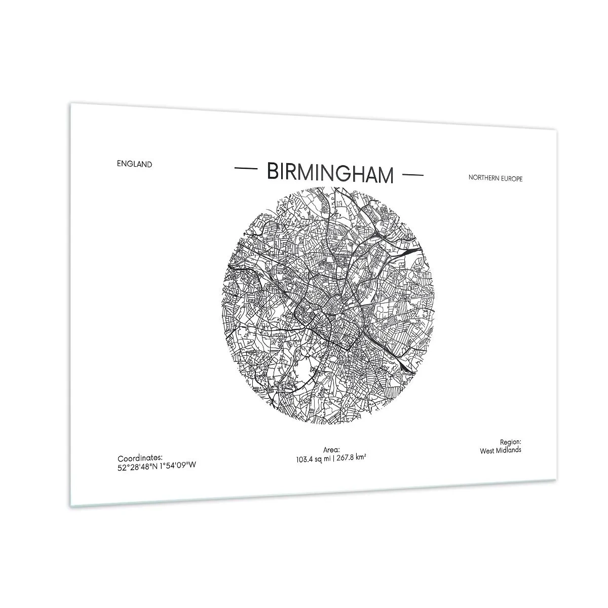 Glasbild - Bild auf glas - Schwarz-weiße Karte von Birmingham im modernen Grafikstil - 100x70cm - Anatomie von Birmingham - Moderne Wanddekoration für Wohnzimmer und Schlafzimmer ARTTOR