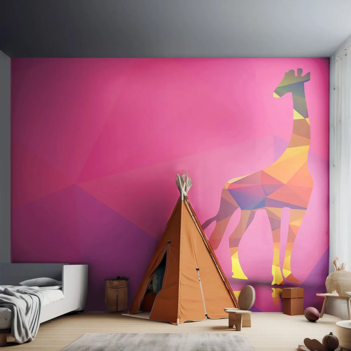 Fototapete Premium Sand - Geometrische Silhouette einer Giraffe auf rosa Hintergrund - 100x70cm - In den Farben der Savanne - Moderne Wanddekoration für Wohnzimmer und Schlafzimmer ARTTOR