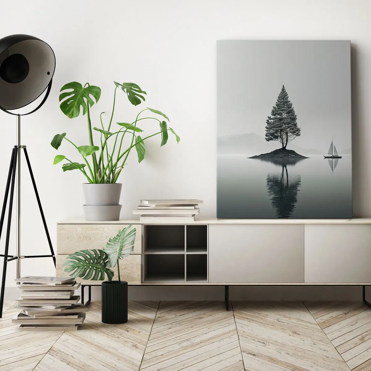 Bild auf Leinwand - Leinwandbild - Eine minimalistische Landschaft mit einem Baum auf einer Insel und einem Segelboot. - 50x70cm - Traum - Moderne Wanddekoration für Wohnzimmer und Schlafzimmer ARTTOR