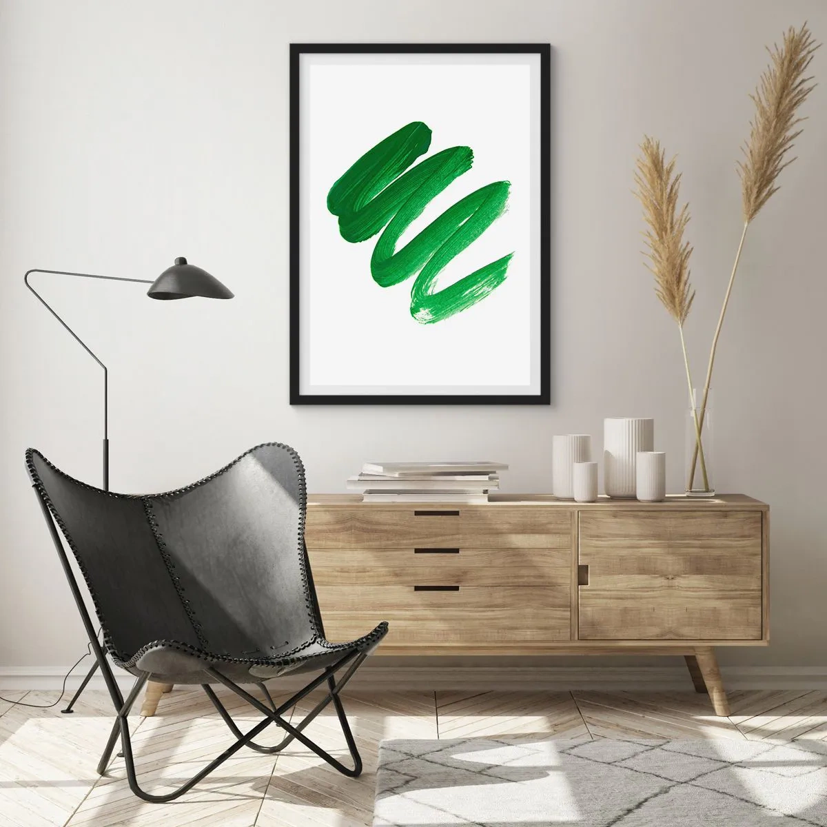 Poster in einem schwarzem Rahmen - Minimalistische grüne Pinselstriche auf weißem Hintergrund - 50x70cm - Grüner Witz - Moderne Wanddekoration für Wohnzimmer und Schlafzimmer ARTTOR