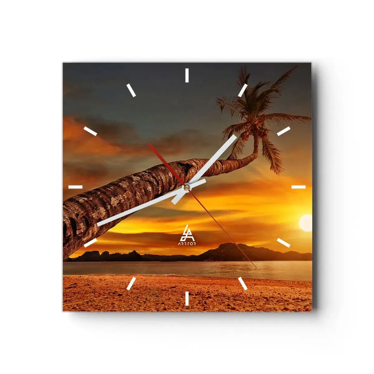 Wanduhr - Glasuhr - Palme am Strand bei Sonnenuntergang mit Blick auf das Meer - 30x30cm - Exotischer Urlaub, karibisches Abenteuer - Moderne Wanddekoration für Wohnzimmer und Schlafzimmer ARTTOR