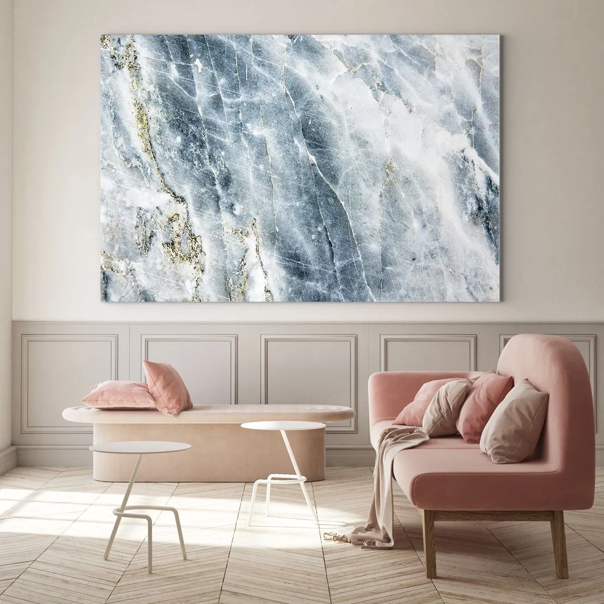 Glasbild - Bild auf glas - Abstrakte Eismarmorstruktur in Blau- und Weißtönen - 100x70cm - Eiswelt - Moderne Wanddekoration für Wohnzimmer und Schlafzimmer ARTTOR