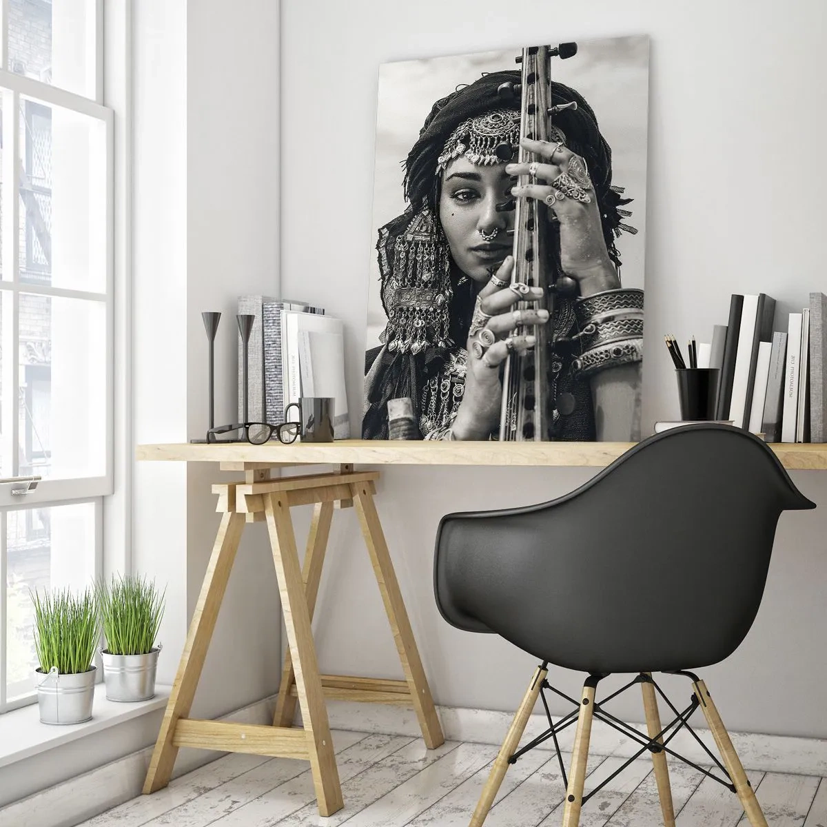 Glasbild - Bild auf glas - Frau mit orientalischem Schmuck und einem Instrument - 50x70cm - Die Musik des Orients selbst - Moderne Wanddekoration für Wohnzimmer und Schlafzimmer ARTTOR