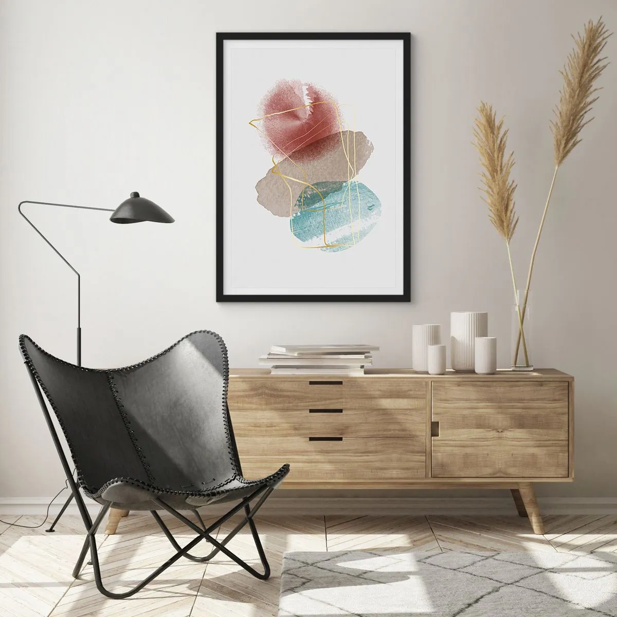 Poster in einem schwarzem Rahmen - Abstrakte Komposition in Pastellfarben - 50x70cm - Korallen des Weltraums - Moderne Wanddekoration für Wohnzimmer und Schlafzimmer ARTTOR