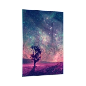 Glasbild - Bild auf glas - Ein Baum vor einem Sternenhimmel in violetten und blauen Farben - 70x100cm - Unter dem magischen Himmel - Moderne Wanddekoration für Wohnzimmer und Schlafzimmer ARTTOR