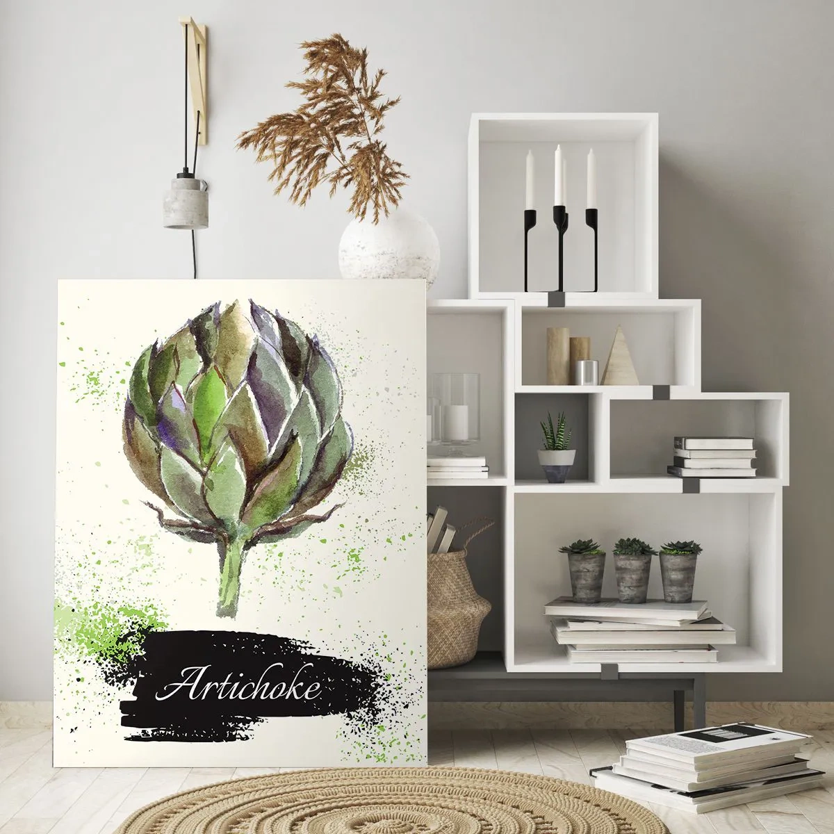 Glasbild - Bild auf glas - Aquarell-Artischockengrafik mit dem darauf geschriebenen Wort Artischocke - 50x70cm - Eviva-Gemüse! - Moderne Wanddekoration für Wohnzimmer und Schlafzimmer ARTTOR