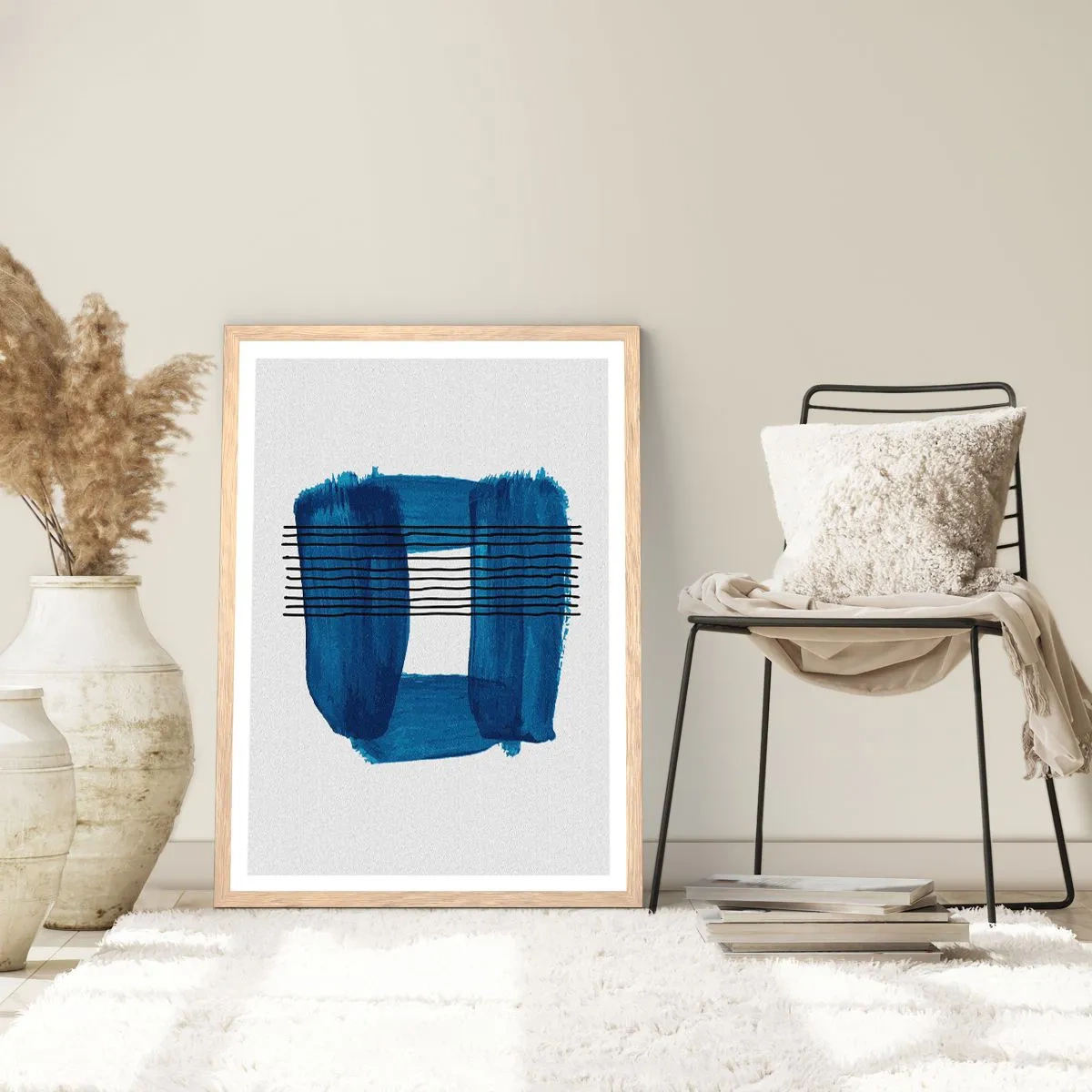Poster in einem Rahmen aus heller Eiche - Blaue und schwarze Komposition - 61x91 cm
