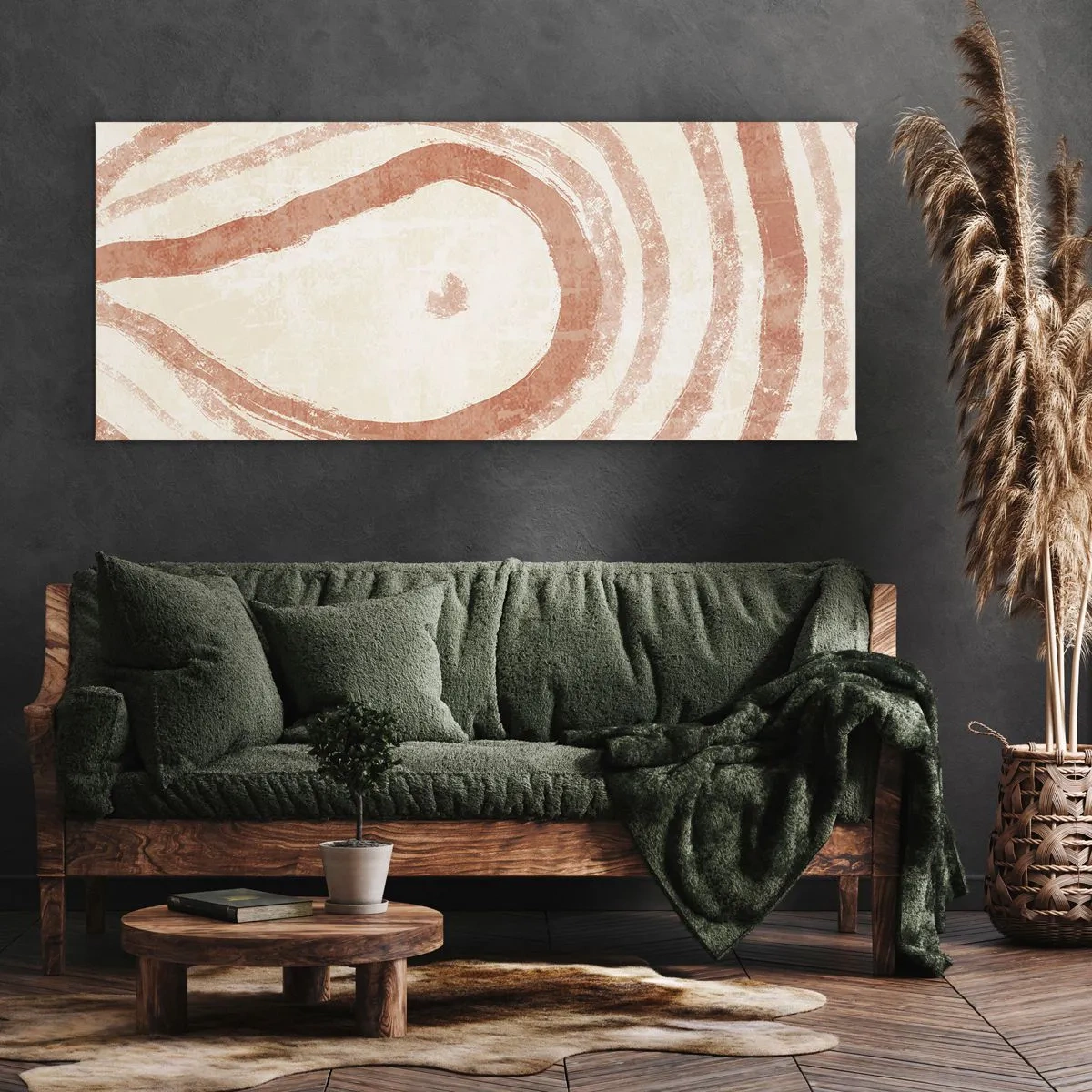 Bild auf Leinwand - Leinwandbild - Ein abstraktes Motiv aus konzentrischen Linien in Terrakotta-Tönen. - 120x50cm - Korallenkreise – Komposition - Moderne Wanddekoration für Wohnzimmer und Schlafzimmer ARTTOR
