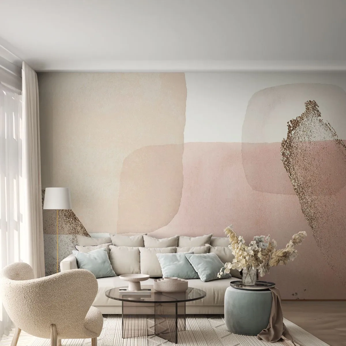 Fototapete Premium Sand - Abstrakte Pastellformen mit zartem Goldakzent - 100x70cm - Ein Blick durch die Farbe - Moderne Wanddekoration für Wohnzimmer und Schlafzimmer ARTTOR