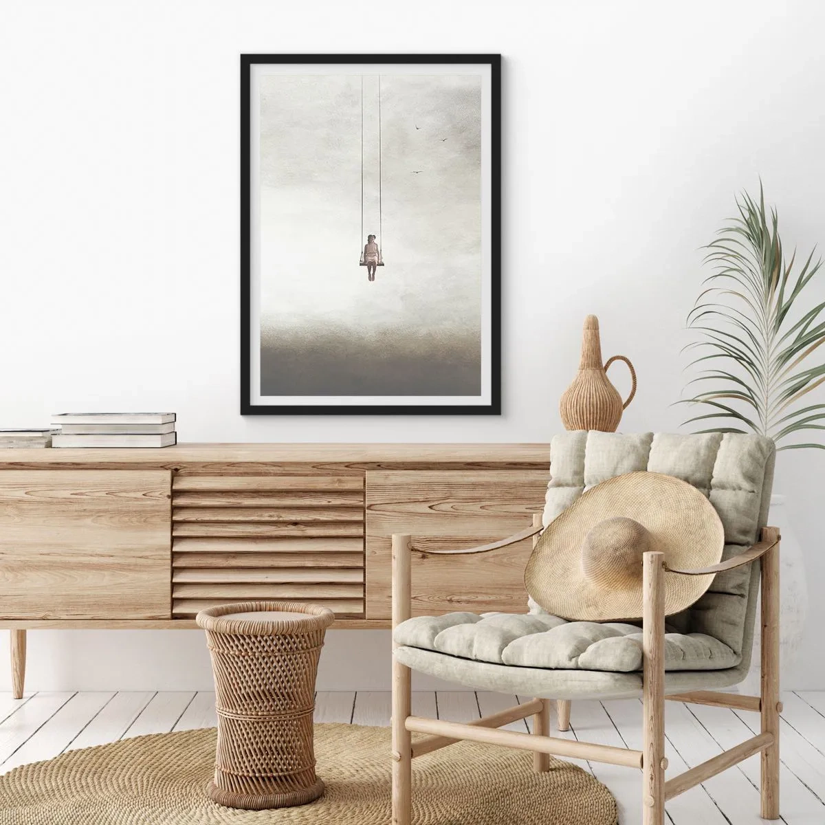 Poster in einem schwarzem Rahmen - Eine Figur auf einer Schaukel, die im Raum schwebt - 50x70cm - Ein Kind in uns - Moderne Wanddekoration für Wohnzimmer und Schlafzimmer ARTTOR