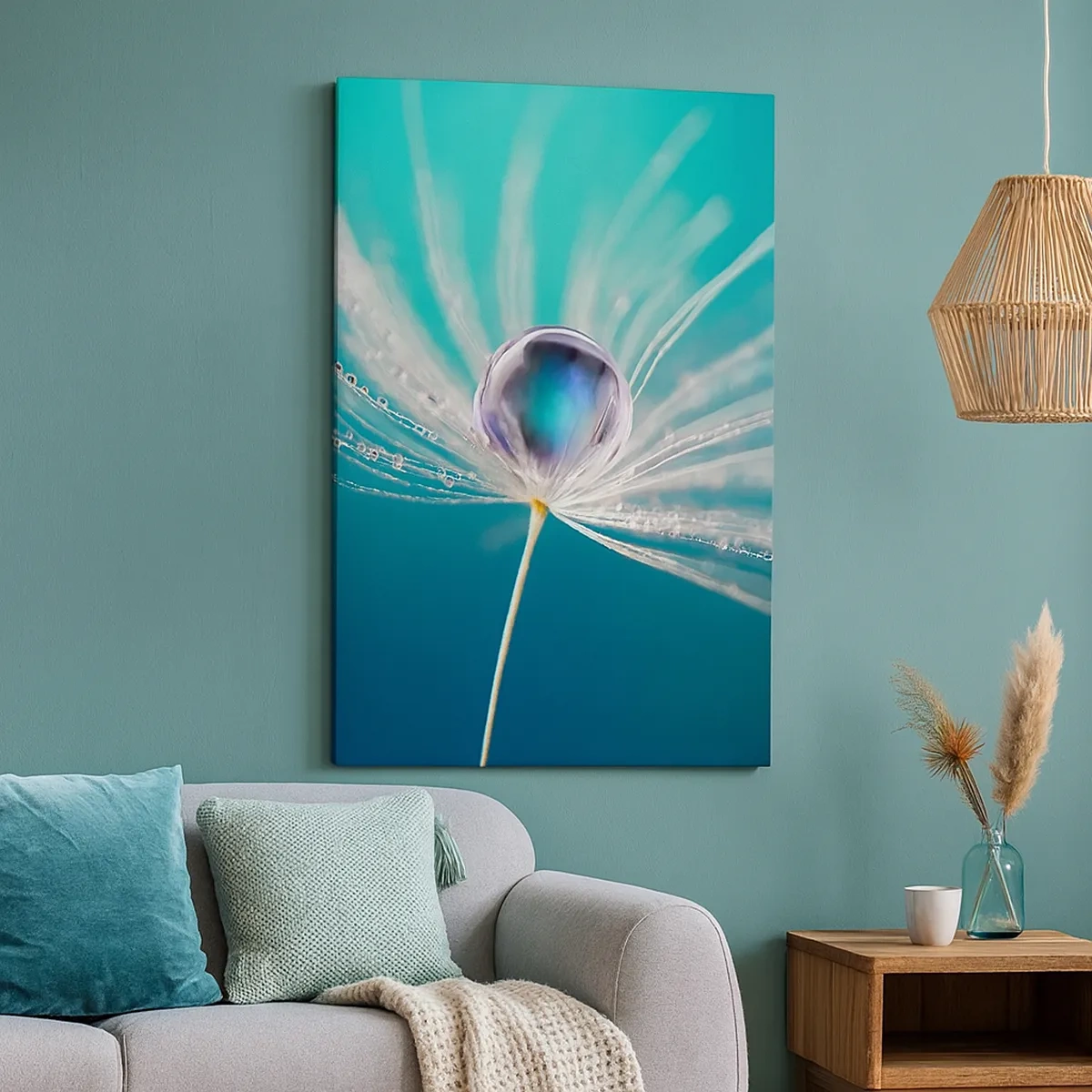 Bild auf Leinwand - Leinwandbild - Makroaufnahme eines Wassertropfens auf einem zarten Löwenzahnsamen - 50x70cm - Mystischer Moment - Moderne Wanddekoration für Wohnzimmer und Schlafzimmer ARTTOR