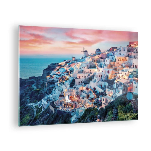 Glasbild - Bild auf glas - Griechische Klippenstadt in der Abenddämmerung mit Blick auf das Meer - 70x50cm - Dein toller griechischer Urlaub - Moderne Wanddekoration für Wohnzimmer und Schlafzimmer ARTTOR