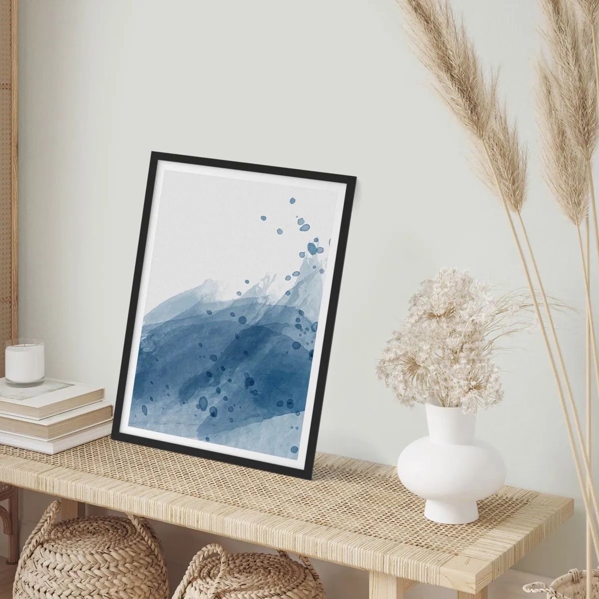 Poster in einem schwarzem Rahmen - Aquarellwellen in Blautönen - 50x70cm - Blauer Tüll - Moderne Wanddekoration für Wohnzimmer und Schlafzimmer ARTTOR