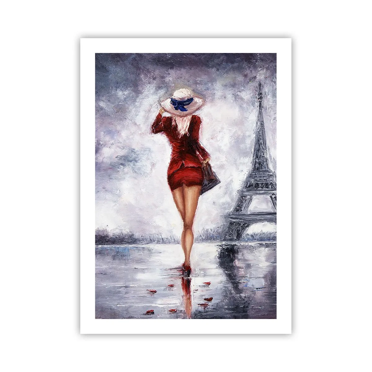 Poster - Eine Frau in einem roten Kleid geht in Richtung Eiffelturm - 50x70cm - Pariser Symbole - Moderne Wanddekoration für Wohnzimmer und Schlafzimmer ARTTOR