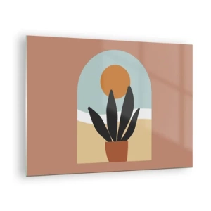 Glasbild - Bild auf glas - Eine abstrakte Szene mit einer Topfpflanze und der Sonne im Hintergrund, in Pastellfarben. - 70x50cm - Kleine Freuden - Moderne Wanddekoration für Wohnzimmer und Schlafzimmer ARTTOR