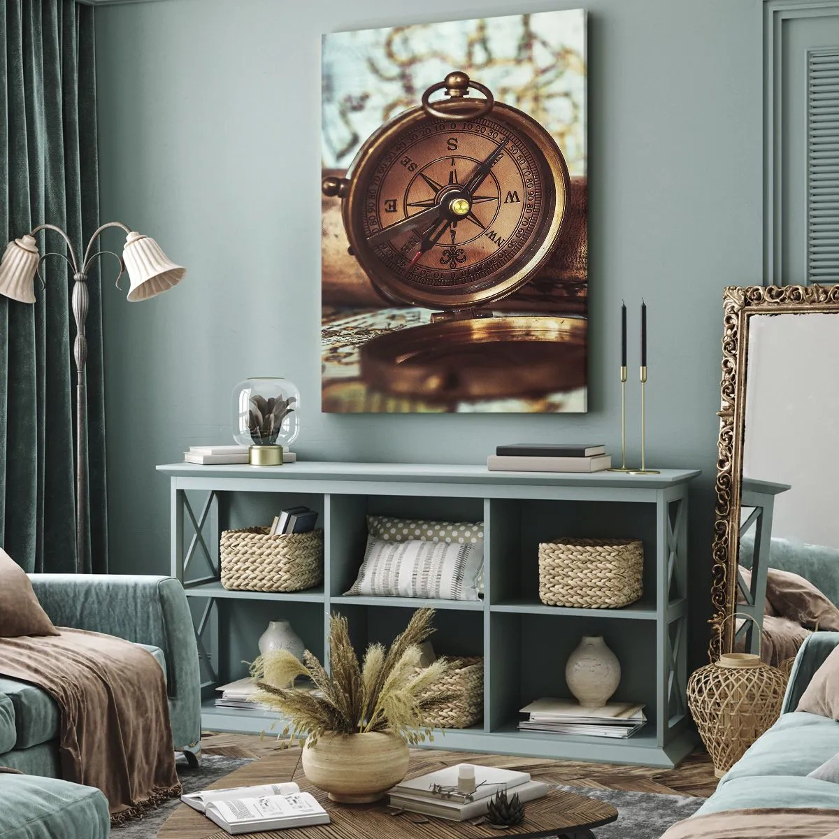 Bild auf Leinwand - Leinwandbild - Ein Retro-Set mit Kompass, Teleskop und Karte im Reisethema - 50x70cm - Ein Piratenabenteuer in der Karibik wartet - Moderne Wanddekoration für Wohnzimmer und Schlafzimmer ARTTOR