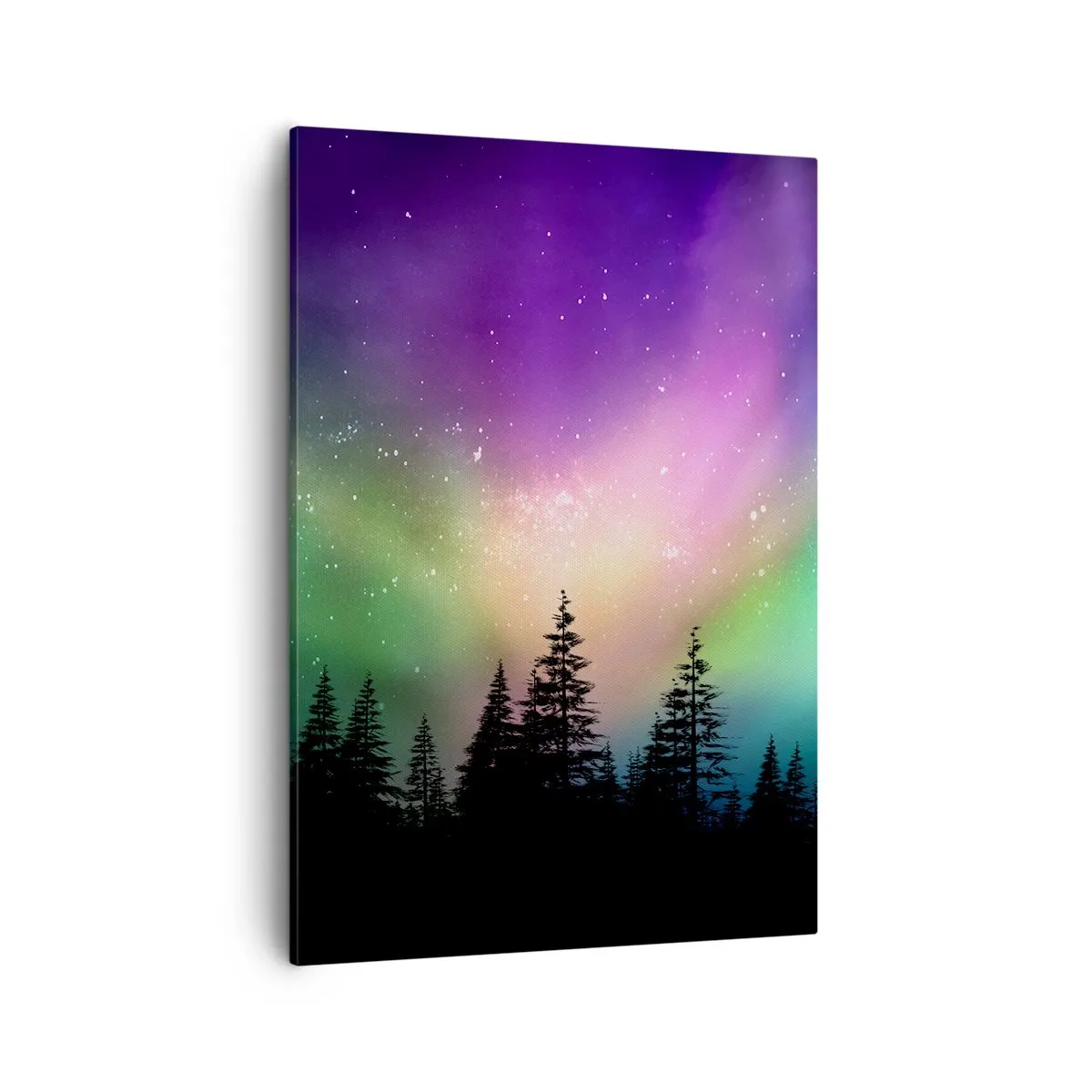 Bild auf Leinwand - Leinwandbild - Aurora Borealis über einem Wald mit Sternenhimmel - 50x70cm - weiße Magie - Moderne Wanddekoration für Wohnzimmer und Schlafzimmer ARTTOR