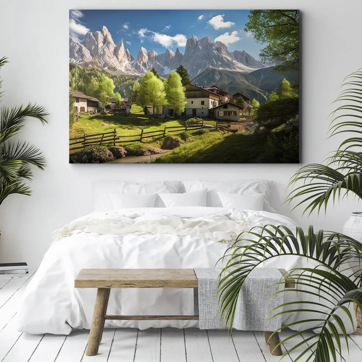 Bild auf Leinwand - Leinwandbild - Ein Bergdorf mit Häusern und Blick auf die Alpen - 120x80cm - Alpenidylle - Moderne Wanddekoration für Wohnzimmer und Schlafzimmer ARTTOR