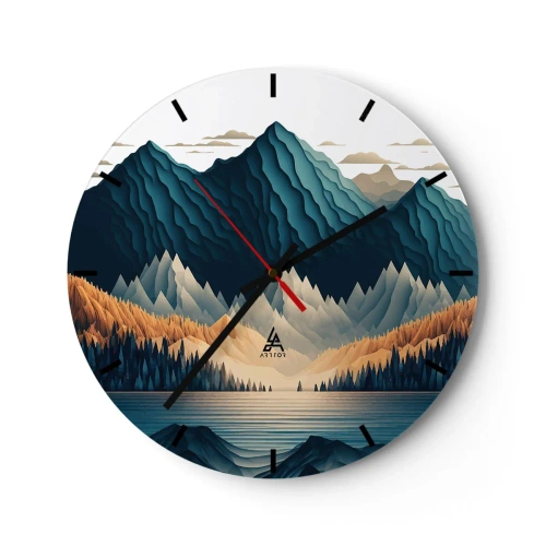 Wanduhr - Glasuhr - Berge in Marineblau- und Beigetönen über dem See am Morgen - 30x30cm - Perfekte Berglandschaft - Moderne Wanddekoration für Wohnzimmer, Küche und Schlafzimmer ARTTOR