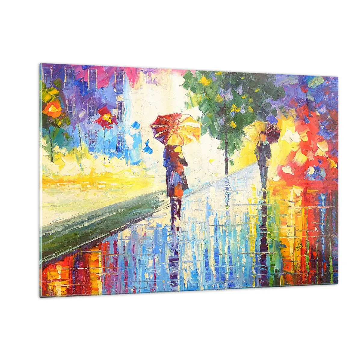 Glasbild - Bild auf glas - Ein farbenfroher Spaziergang im Regen mit einem Regenschirm im impressionistischen Stil - 120x80cm - Und alles klar - Moderne Wanddekoration für Wohnzimmer und Schlafzimmer ARTTOR