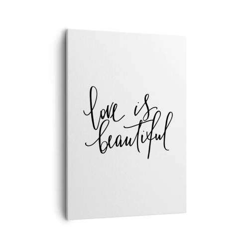 Bild auf Leinwand - Leinwandbild - Schwarze Aufschrift „Liebe ist schön“ auf weißem Hintergrund - 50x70cm - Lies und wiederhol - Moderne Wanddekoration für Wohnzimmer und Schlafzimmer ARTTOR