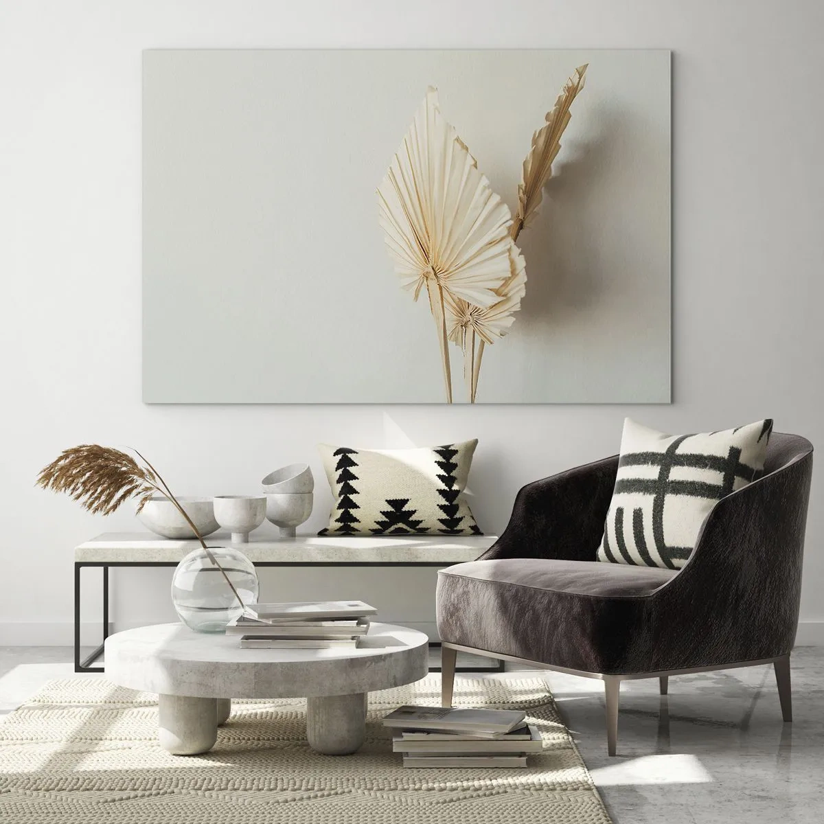 Glasbild - Bild auf glas - Getrocknete Palmblätter in Beigetönen auf hellem Hintergrund - 70x50cm - Wenn Sie Erleichterung brauchen - Moderne Wanddekoration für Wohnzimmer und Schlafzimmer ARTTOR