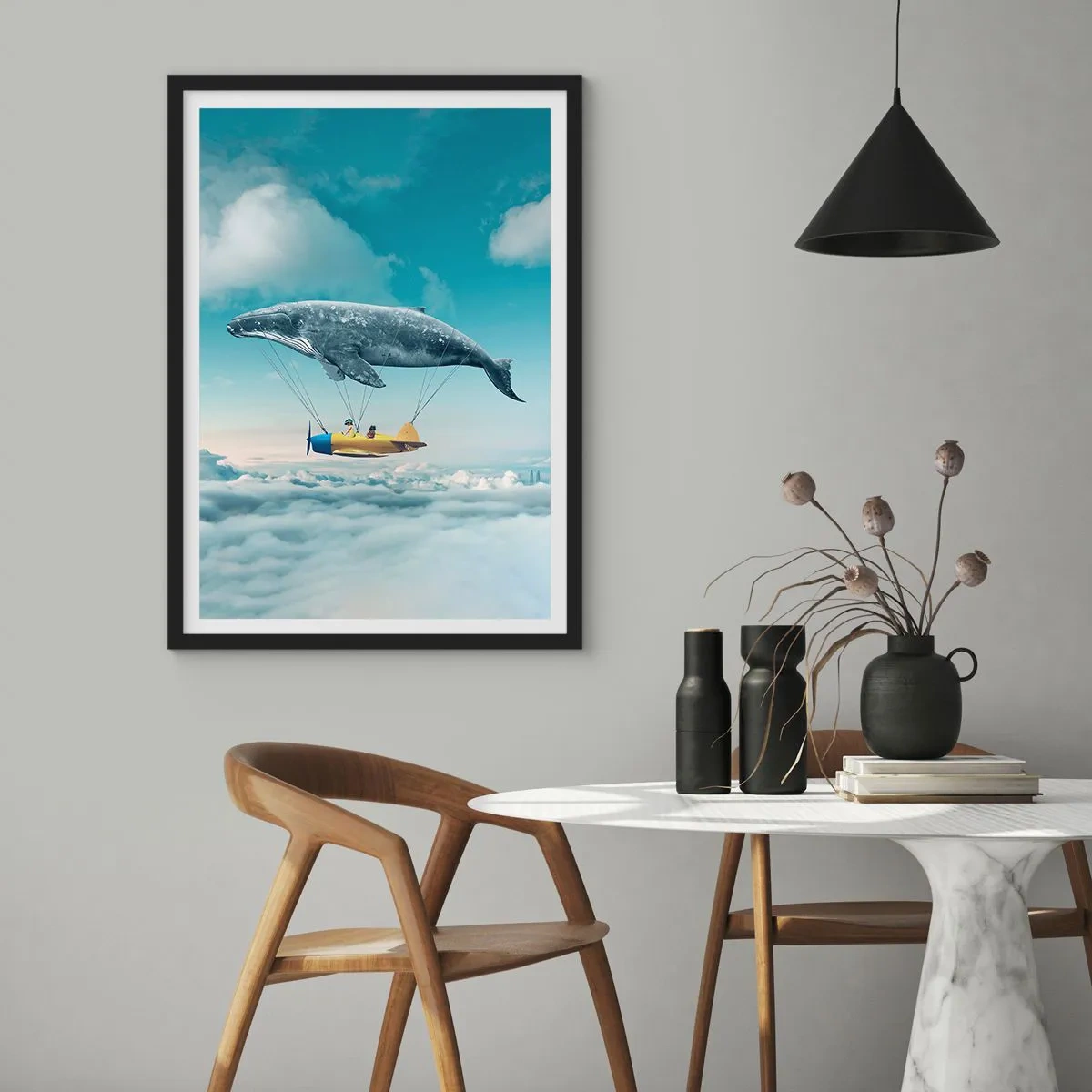 Poster in einem schwarzem Rahmen - Ein fantastisches Bild eines Wals, der ein Flugzeug über die Wolken hebt. - 50x70cm - Warum nicht? - Moderne Wanddekoration für Wohnzimmer und Schlafzimmer ARTTOR