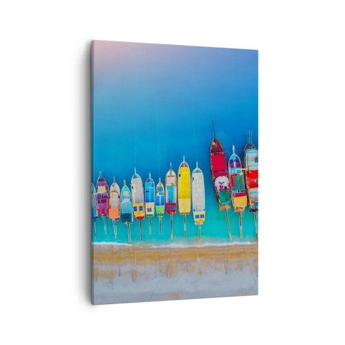 Bild auf Leinwand - Leinwandbild - Bunte Boote in einer Reihe am Ufer aufgereiht - 50x70cm - Aus der Vogelperspektive - Moderne Wanddekoration für Wohnzimmer und Schlafzimmer ARTTOR